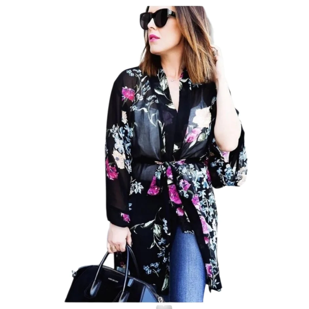 helena Quinn Georgette Kimono Coverup Sheer Black Floral One Size Fits All - Picture 15 of 16